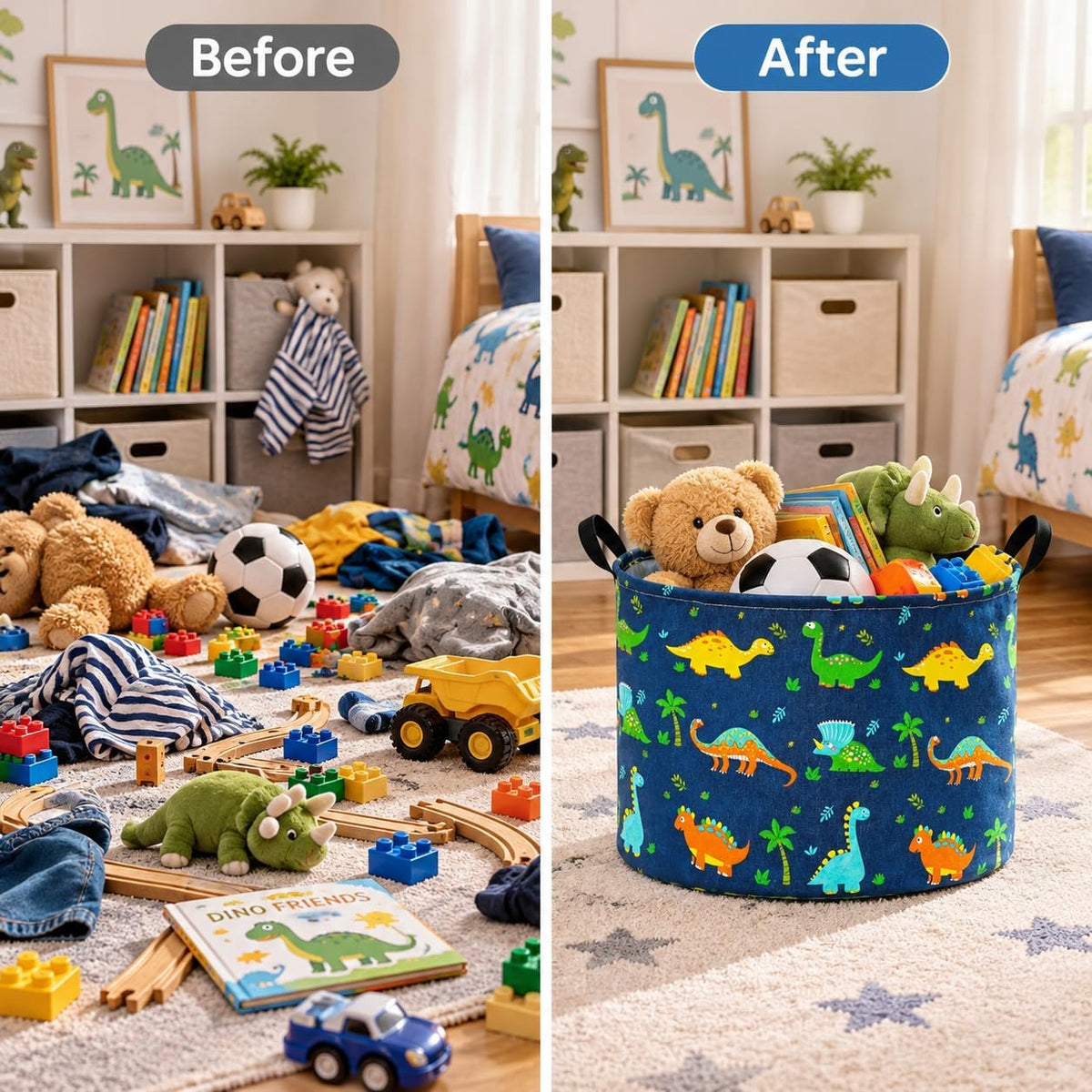 Dinosaur Storage Basket, Large Collapsible Toy Storage Bin with Handles, Cotton Linen Blend Fabric Laundry Basket for Bedroom, Playroom, Nursery, Closet and Home Organization, Navy Blue