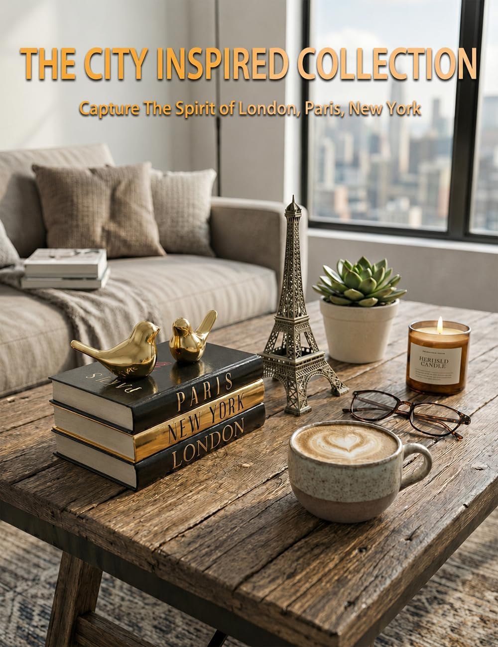 Decorative Books for Home Decor & Coffee Table Book Decor - Set of 3 Real Hardcover Decorative Books (Paris, London, New York) with Gold Ceramic Birds - Modern Shelf Decoration