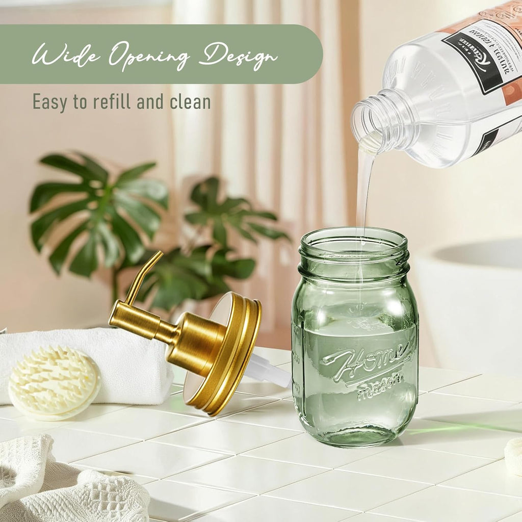 SheeChung Green Glass Mason Jar Liquid Soap Dispenser, 16oz, Gold, 2 Pack