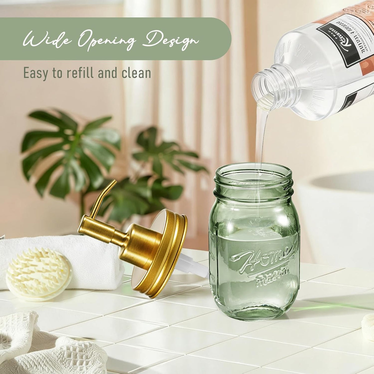 SheeChung Green Glass Mason Jar Liquid Soap Dispenser, 16oz, Gold, 2 Pack