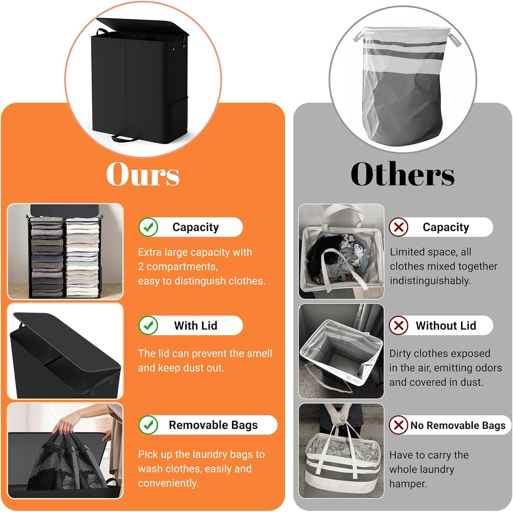 155L 2 Section Laundry Hamper with Lid, Laundry Basket, Black