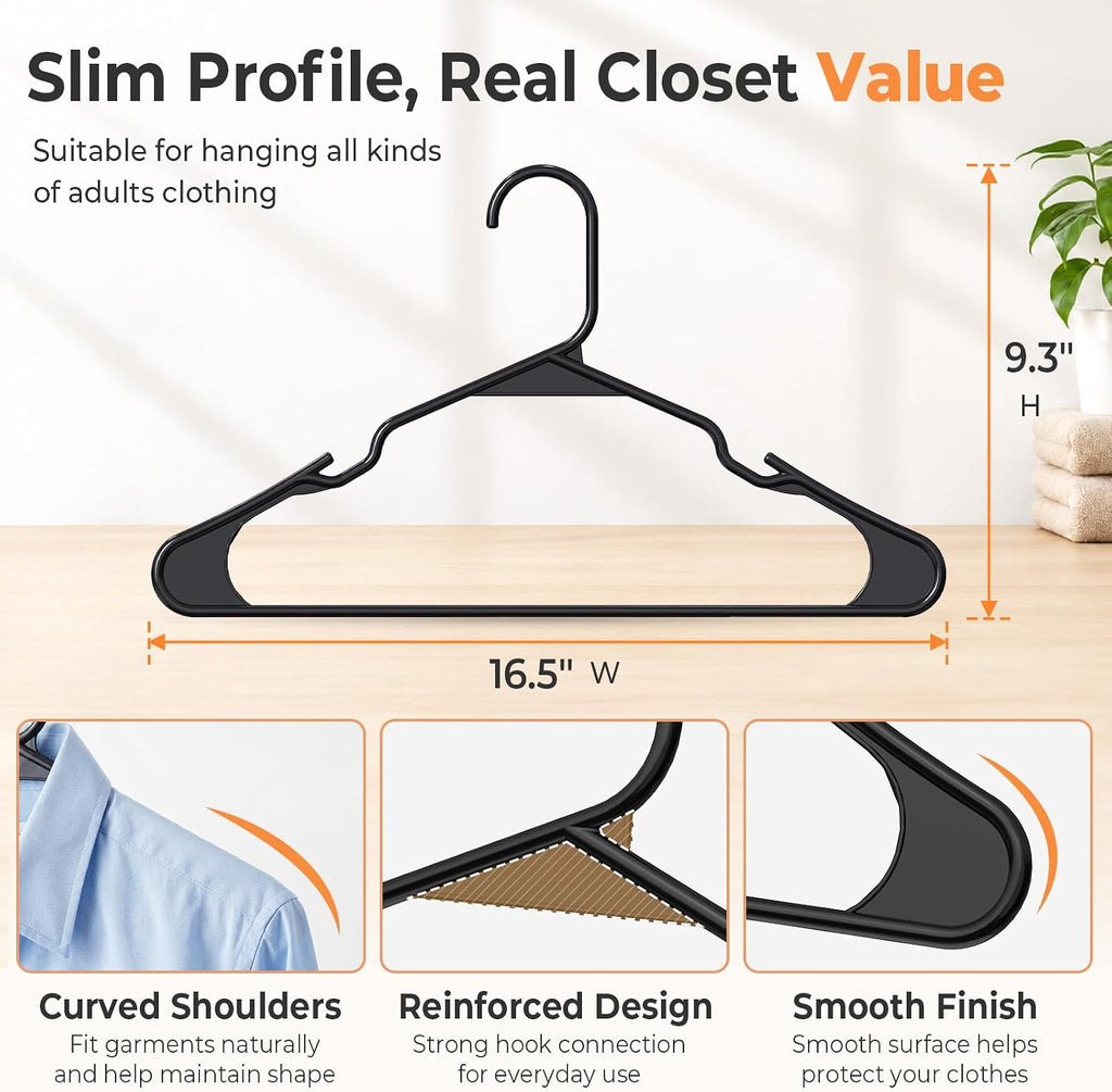 HOUSE DAY Black Plastic Hangers 16 Pack – Slim Space Saving Clothes Hangers