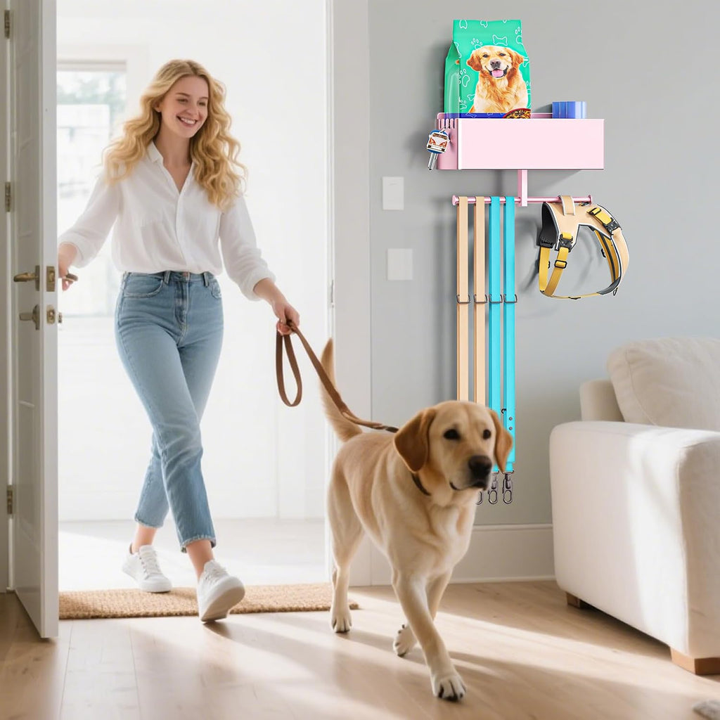 Dog Leash Holder for Wall, Dog Leash Hooks, Pet Stuff Organizer with Shelf Storage, Metal Key Holder, Leash Hangers Organizer Rack for Pet Collar, Toys, Treats, Poop Bag (Rose Gold)
