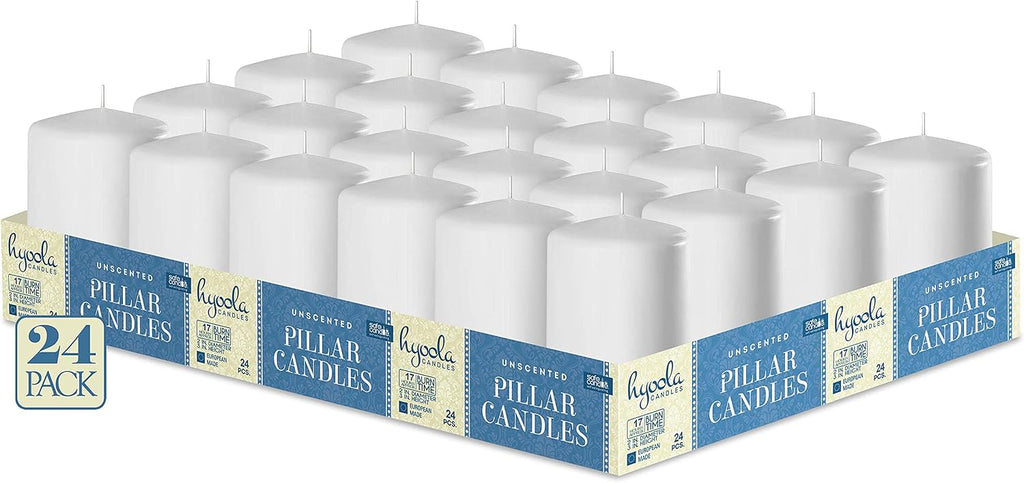 HYOOLA White Pillar Candles 2x3 Inch - 24 Pack Unscented Bulk Pillar Candles - European Made