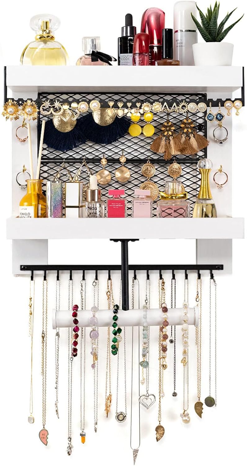 Pinzoveco Hanging Jewelry Organizer Wall Mounted With Wall Jewelry Organizer Holder For Necklaces Bracelet Earrings Ring (White)