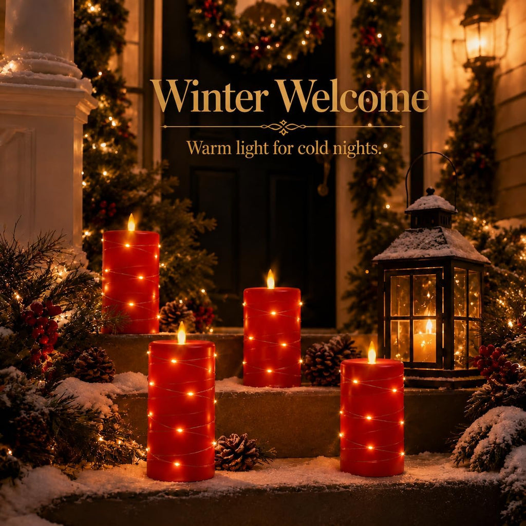 3 Pack Red Real Wax Flameless Taper Candles, Realistic Flickering LED Candles with Surrounding Fairy String Lights, Soft Warm Battery Candle Lights with Remote for Holiday Wedding Indoor Outdoor Decor