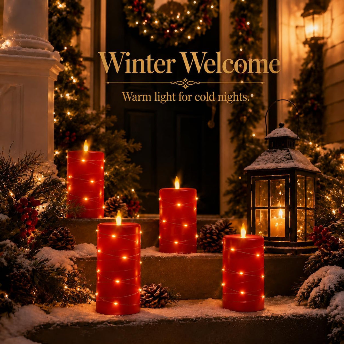 3 Pack Red Real Wax Flameless Taper Candles, Realistic Flickering LED Candles with Surrounding Fairy String Lights, Soft Warm Battery Candle Lights with Remote for Holiday Wedding Indoor Outdoor Decor