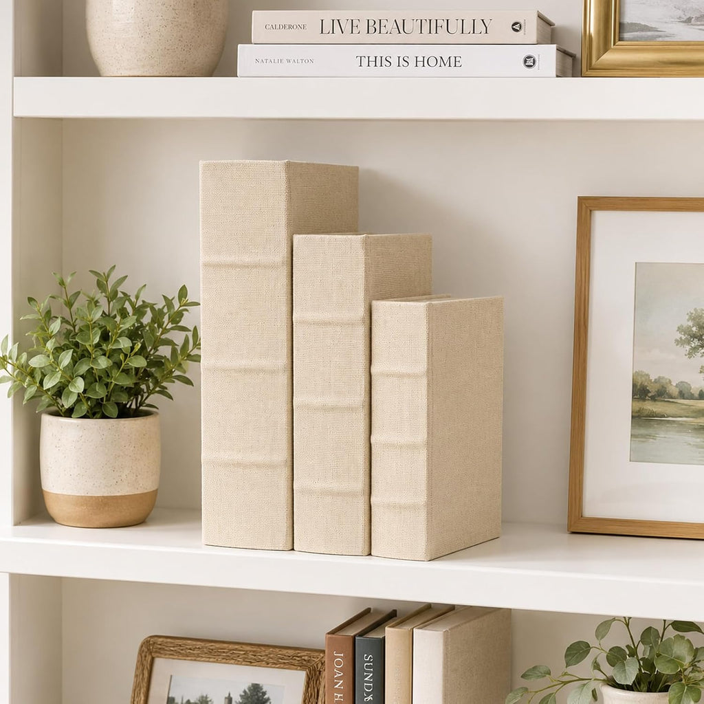 Decorative Book Boxes Set of 3 – Modern Faux Linen & Wood,Beige