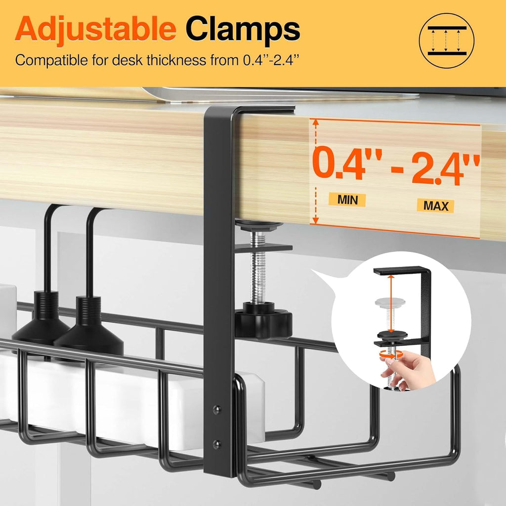 3 Pack Cable Management Under Desk Tray, 47.1" No Drill Under Desk Wire Management with Upgraded Clamp, Metal Cord Organizers with Cable Organizers, PC Cord Organization Rack, Black