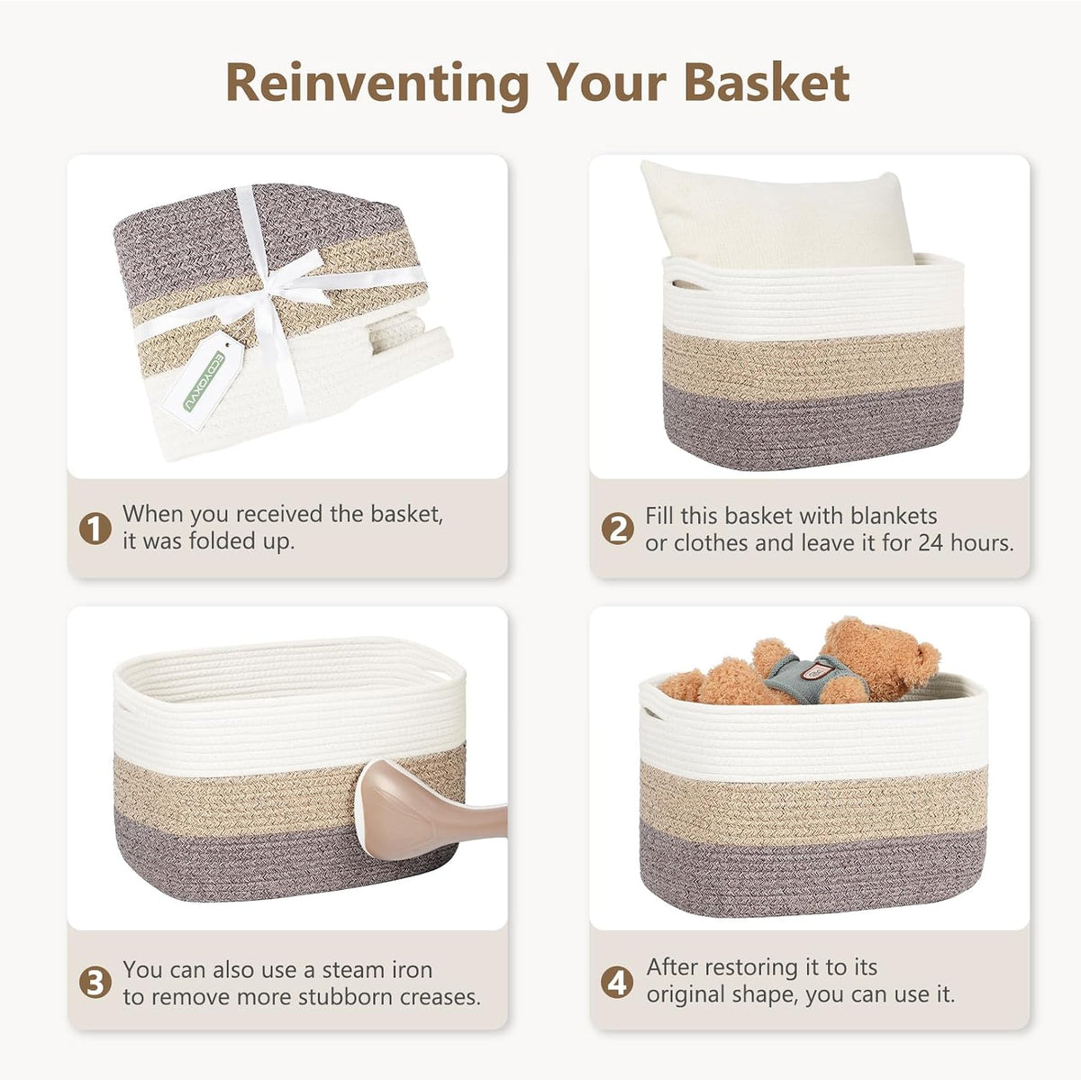 ECDYQXVU 15x10x9 Woven Cotton Rope Storage Basket, Leather Handles 3 Pack