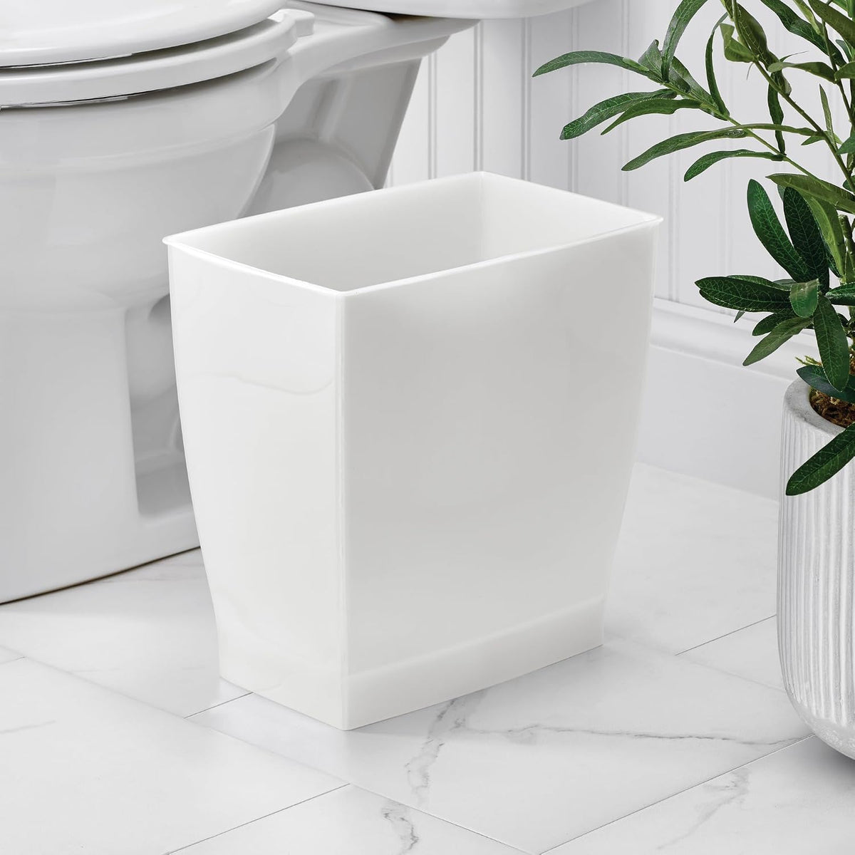 iDesign Small Plastic Bathroom Trash Can, Slim Rectangle, 2-Pack, Frost