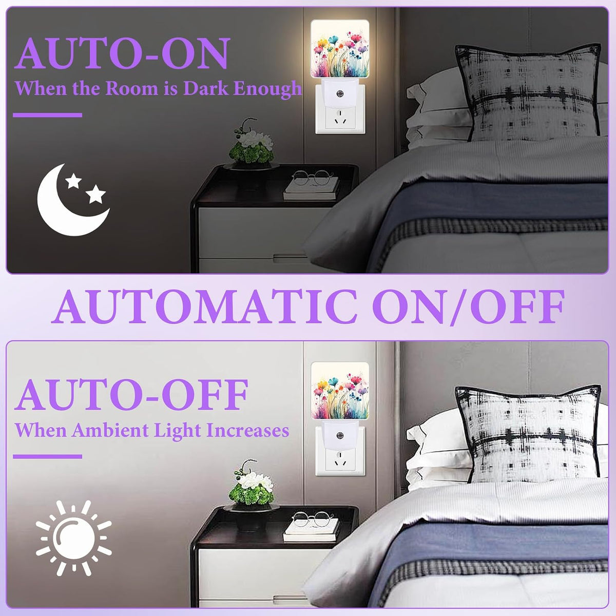 Watercolor Floral Night Light,Abstract Plug-in Night Lights with Dusk-to-Dawn Sensor for Bedroom,Bathroom and Living Room Sleep Friendly lamp 0.5w