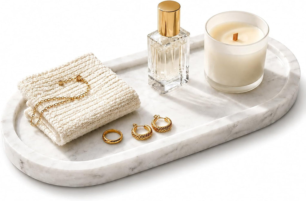Natural Marble Vanity Tray Waterproof Italy Stone Bathroom Organizer for Perfume, Candles & Jewelry Non-Slip Oval Storage Tray for Spa, Bedroom, Kitchen 9.8" x 4.5" White (BH101)