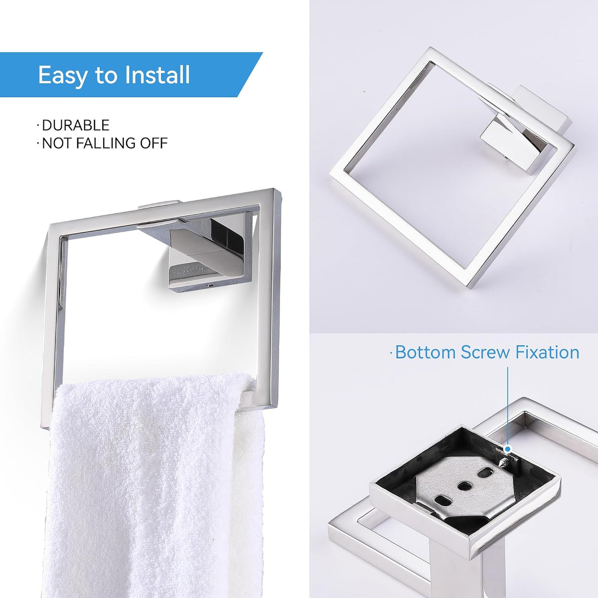LANC Hand Towel Rings for Bathroom Wall Mount Chrome Polished Square Hand Towel Holder for Lavatory Bathroom Hardware Accessories Stainless Steel Modern Style Shower Towel Towel Racks Hanger, A8896CP