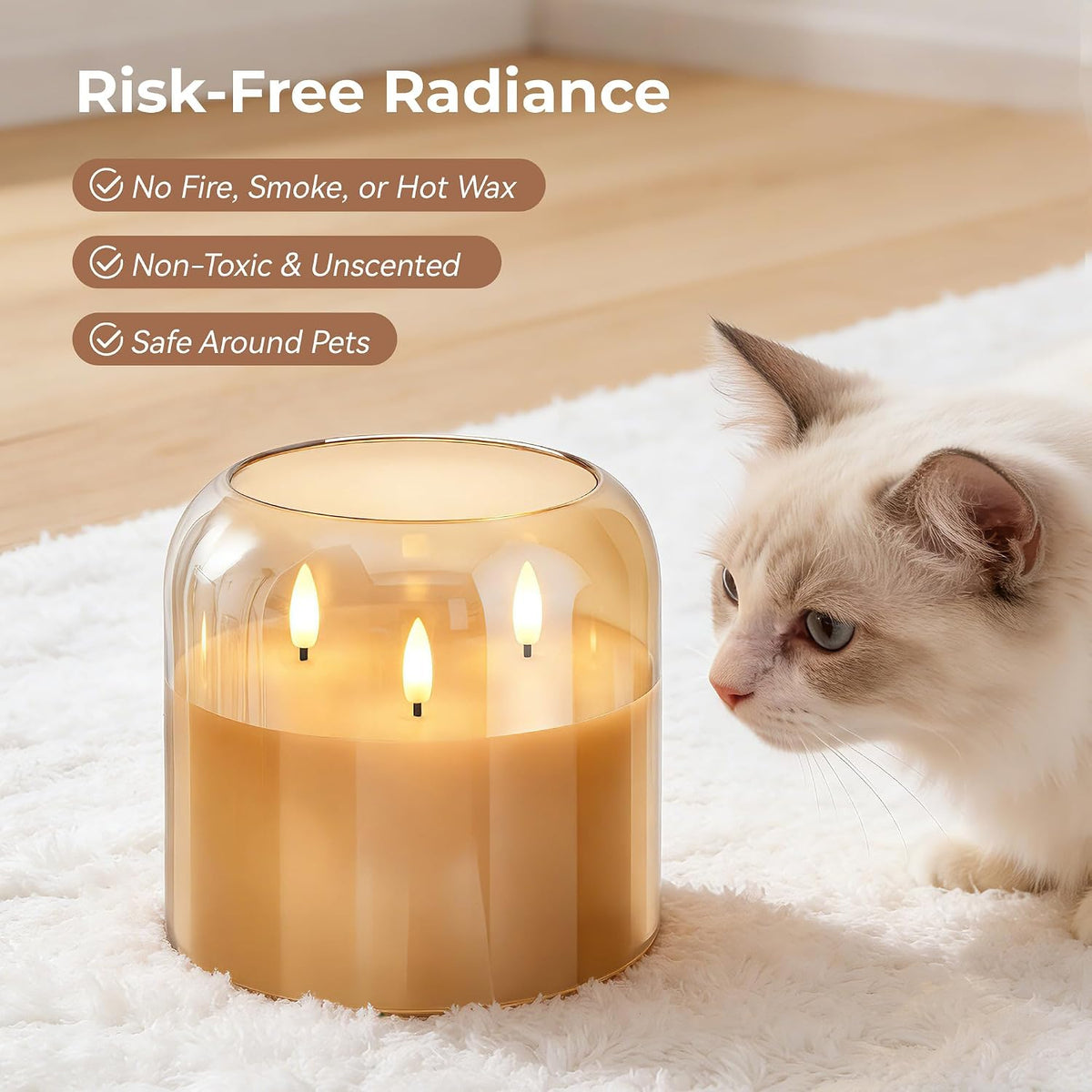 3 Wick Flameless Candle with Remote, Gold Glass, Wax, Battery Operated LED