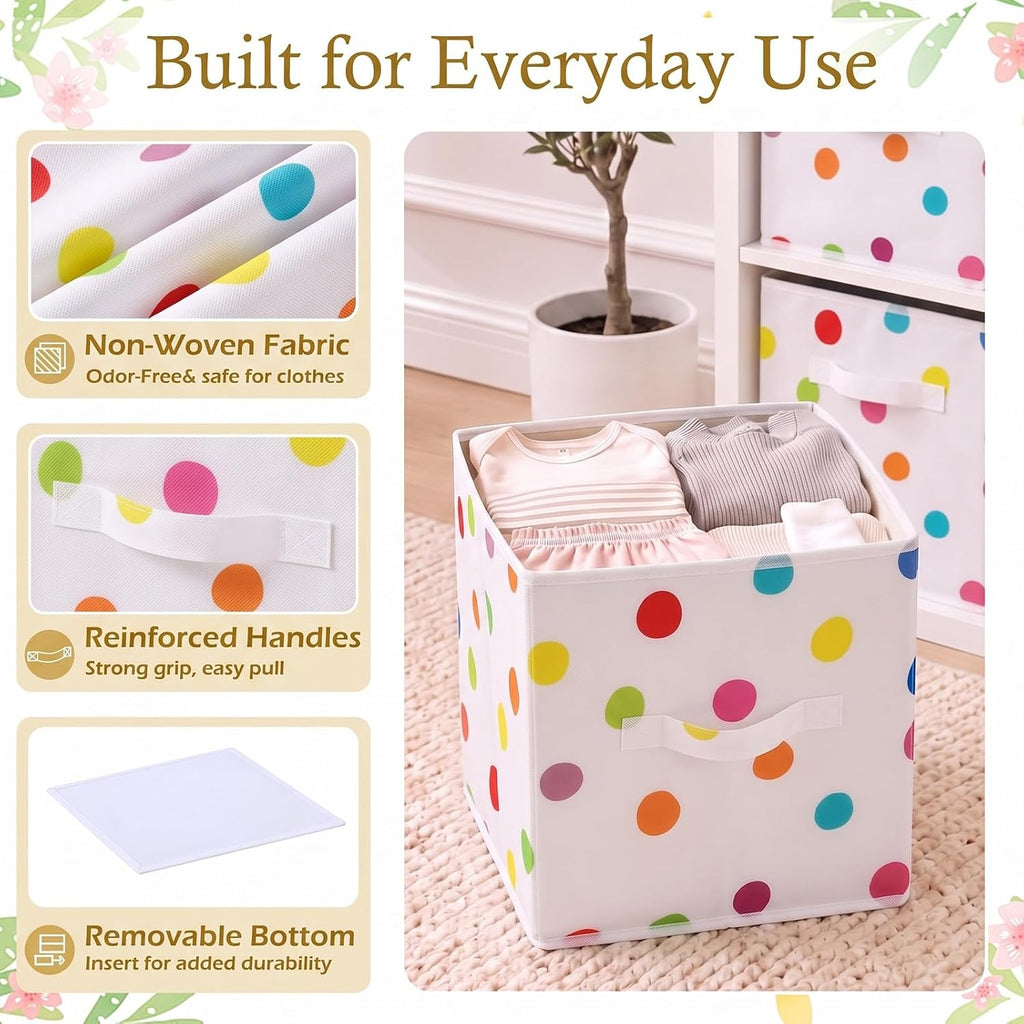 6 Pcs 11 Inch Colorful Dots Cube Storage Bins Collapsible Storage Organizer with Handles Fabric Container Baskets for Closet Clothes Toys Book Room Home Organization