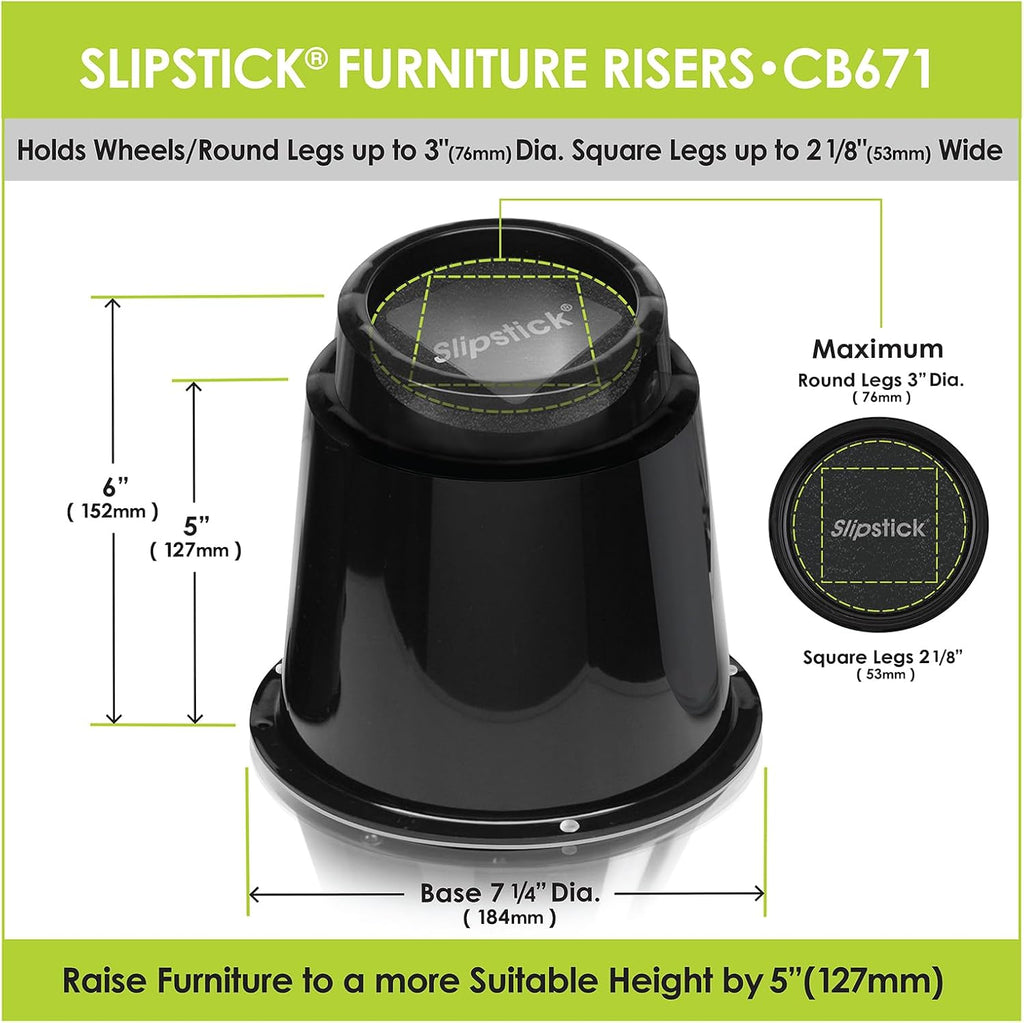 Slipstick CB671 5 Inch Bed Risers/Furniture Raisers with Steel Reinforced Holder Top, Lifts Height 5" (4 Pack) Supports 2,640 Pounds, Round, Black, Stackable with CB674 & CB672