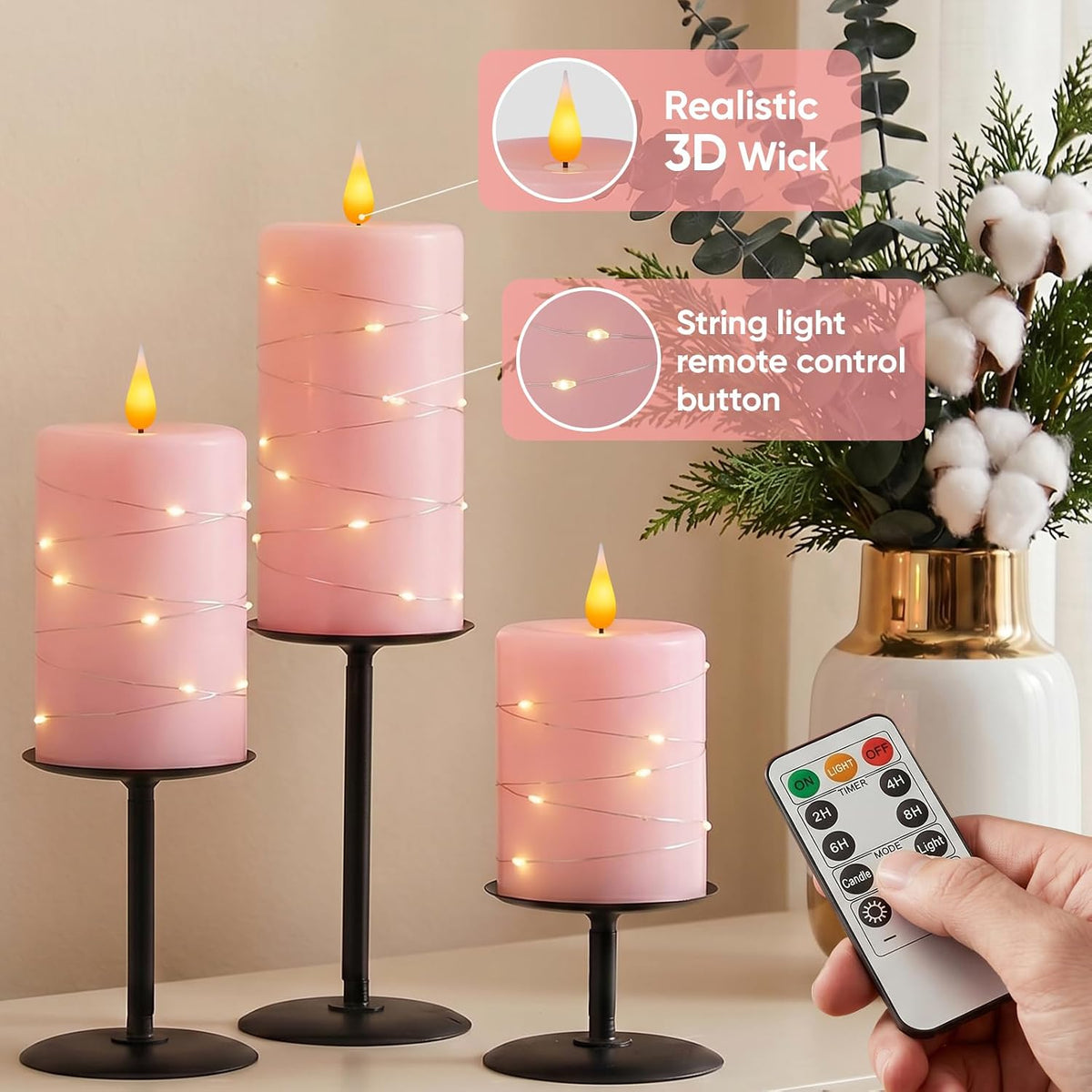 Amagic Real Wax Flameless Candles with Embedded String Lights Set of 3 Pink