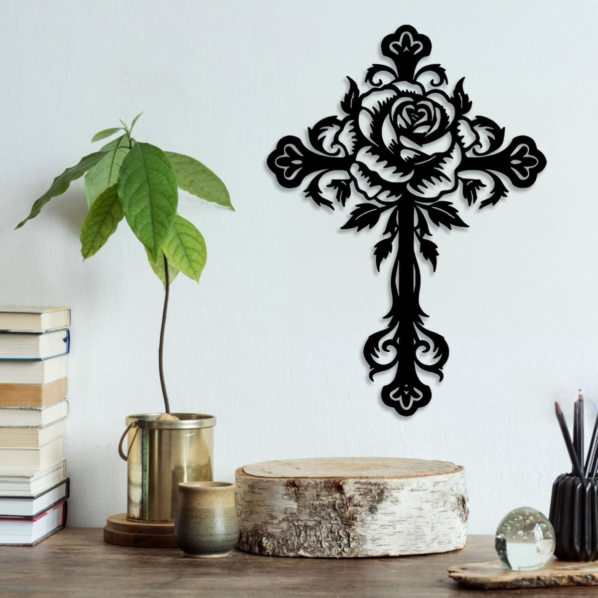 LIYOUYA Metal Rose Cross Wall Decor - Modern Room Decor Black Cross Wall Art Home Decor for Living Room, Bedroom, Dining Room, Porch (Black)