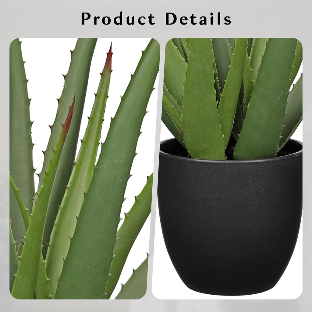 GnFlus Large Fake Succulent Aloe Vera Plants 16.7 Inch Artificial Succulents with Black Pot Faux Aloe Potted Plant for Desk Modern Home Office Bedroom Living Room Table Shelf Decor