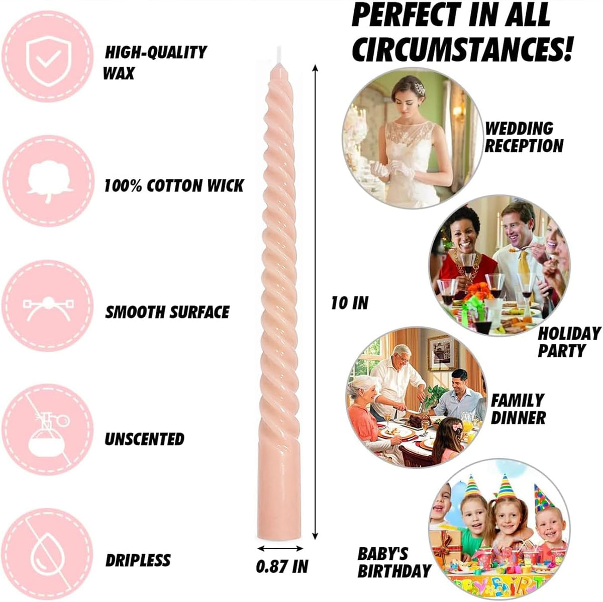 6 Pack 10 Inch Peach Spiral Taper Candles for Holiday Home Decoration, Unscented Dripless Twisted Candlesticks for Dinner Party Wedding Valentine's Day Baby Shower and Easter