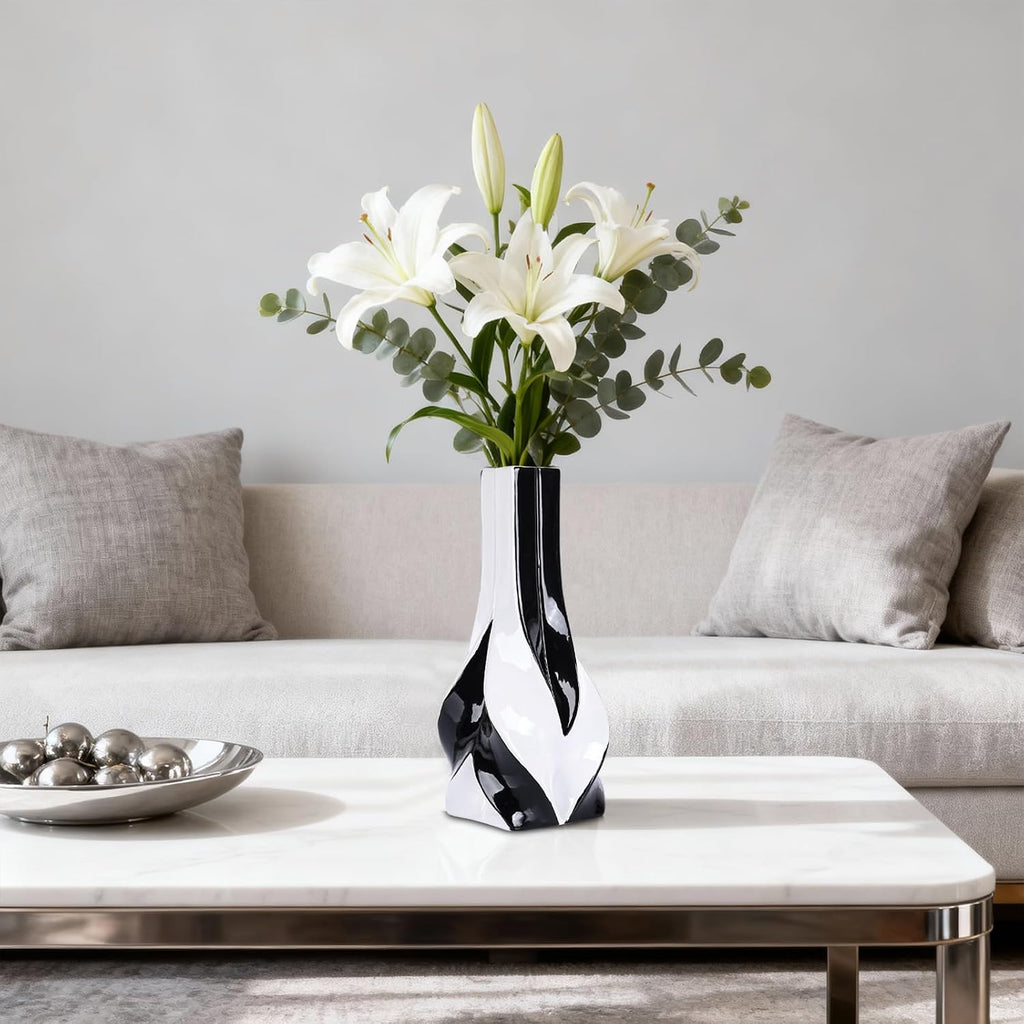 10.6" Black and White Ceramic Vase, Modern Geometric Flower Vase for Dining Table Centerpiece, Elegant Decorative Vase for Pampas Grass, Living Room, Bedroom, Office, Tabletop Decoration