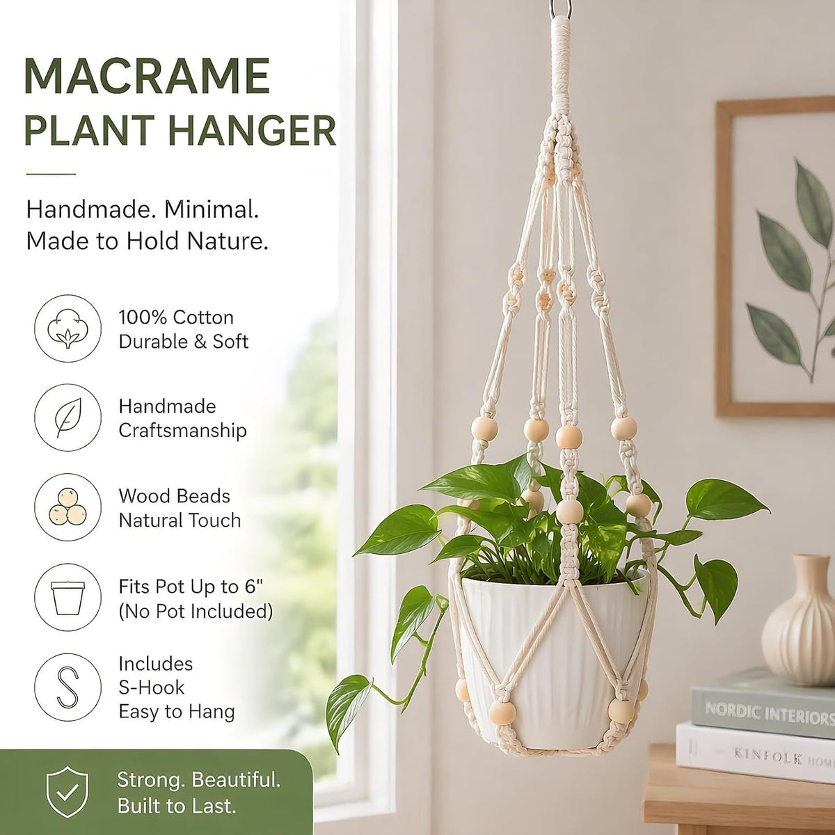 Macrame Plant Hanger Indoor, 23" No Tassel Hanging Plant Holder, Sturdy Flower Pot Holder with 2 Hooks - Ivory (Pot NOT Included)