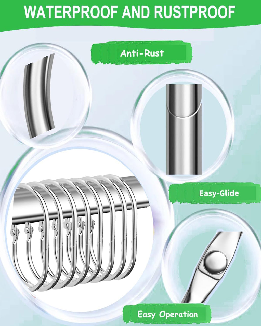 12 Pack Silver Shower Curtain Hooks,Gold Shower Curtain Rings,Brushed Nickel Shower Curtain Hooks Rust Proof, Metal Rust Proof Anti-Drop Smooth Shower Hooks for Shower Curtain