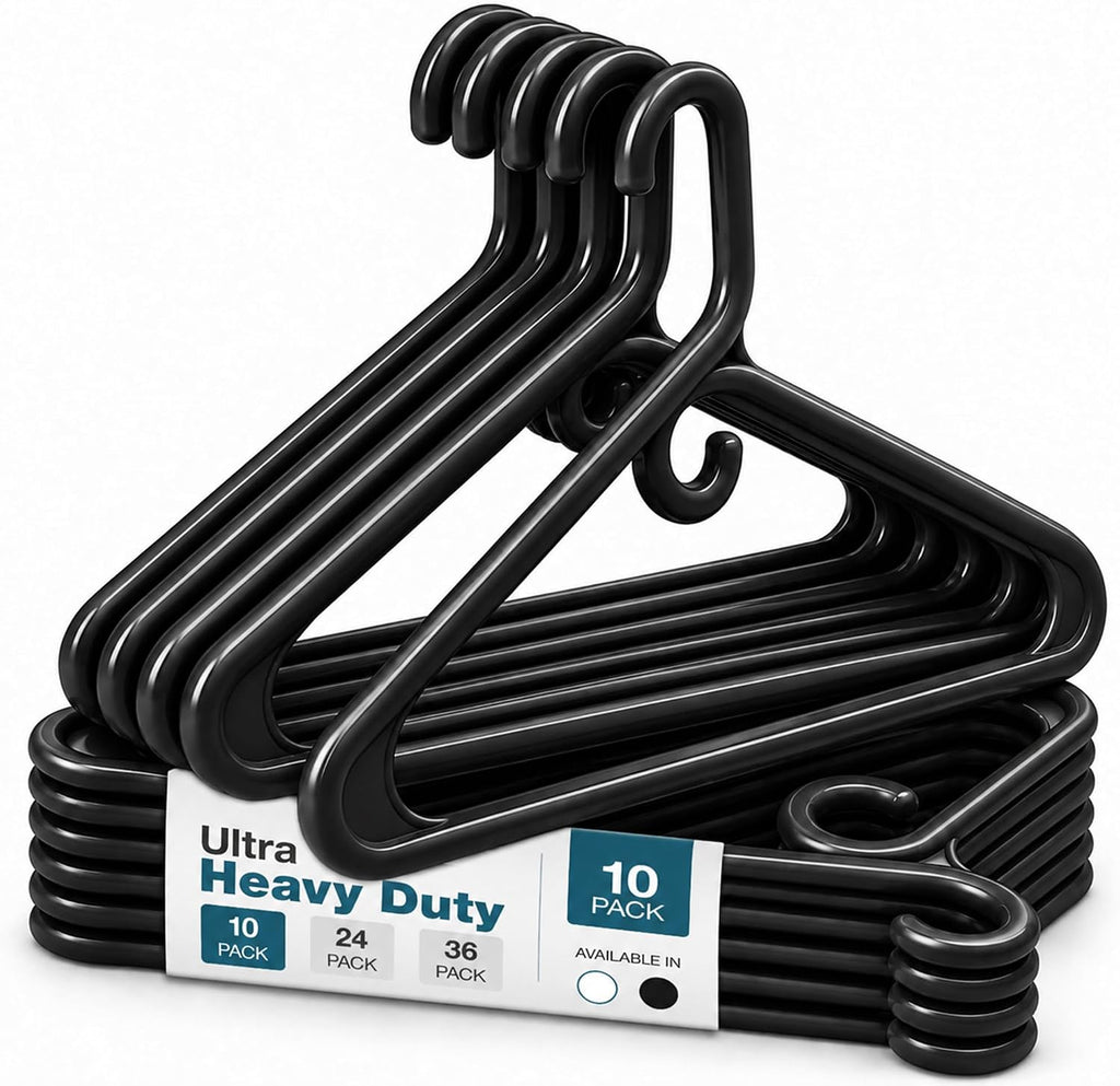 Heavy Duty Clothes Hangers, 10 Pack - Space Saving, Ultra Strong Black Plastic - Hang Your Belt, Pants, Coat, Shirt, Shorts, Jeans, Sweater and More - Bulk Closet Storage for Adults Clothing