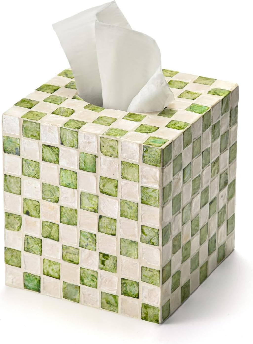 YANGQIHOME Capiz Shells Tissue Box Cover, Handmade Decorative Tissue Box Holder with Mother of Pearl, Square Facial Tissue Holder for Bathroom, Living Room, Kitchen, 5.5" x 5.5" x 5.9" (Green)