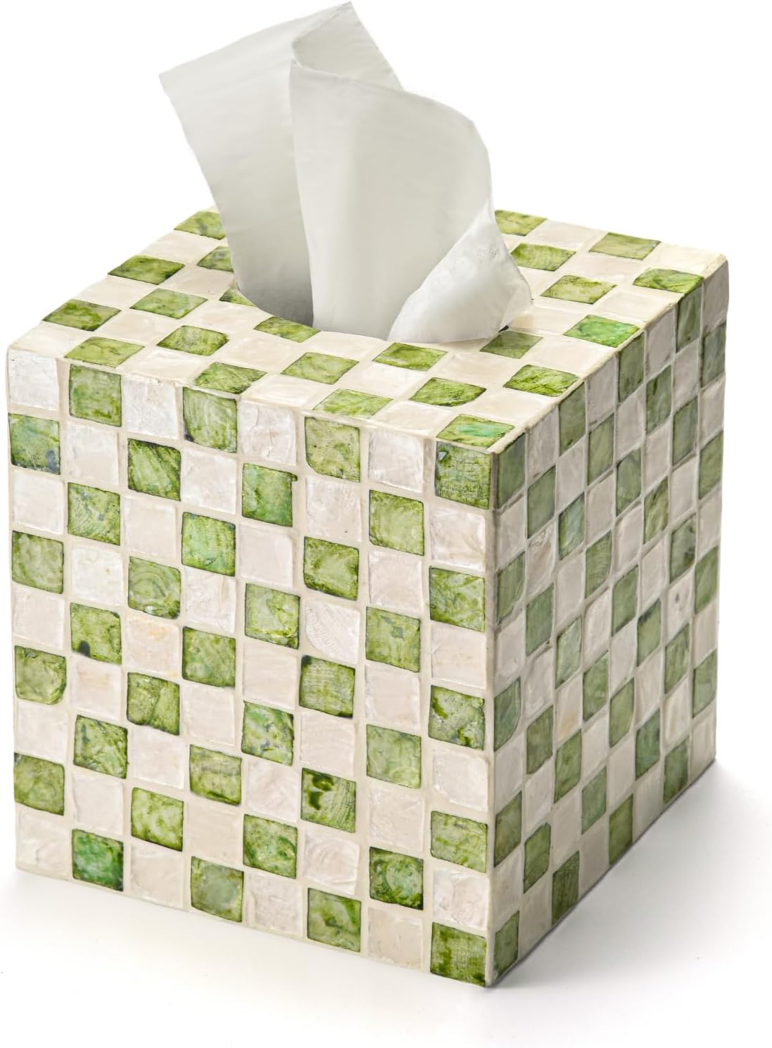 YANGQIHOME Capiz Shells Tissue Box Cover, Handmade Decorative Tissue Box Holder with Mother of Pearl, Square Facial Tissue Holder for Bathroom, Living Room, Kitchen, 5.5" x 5.5" x 5.9" (Green)
