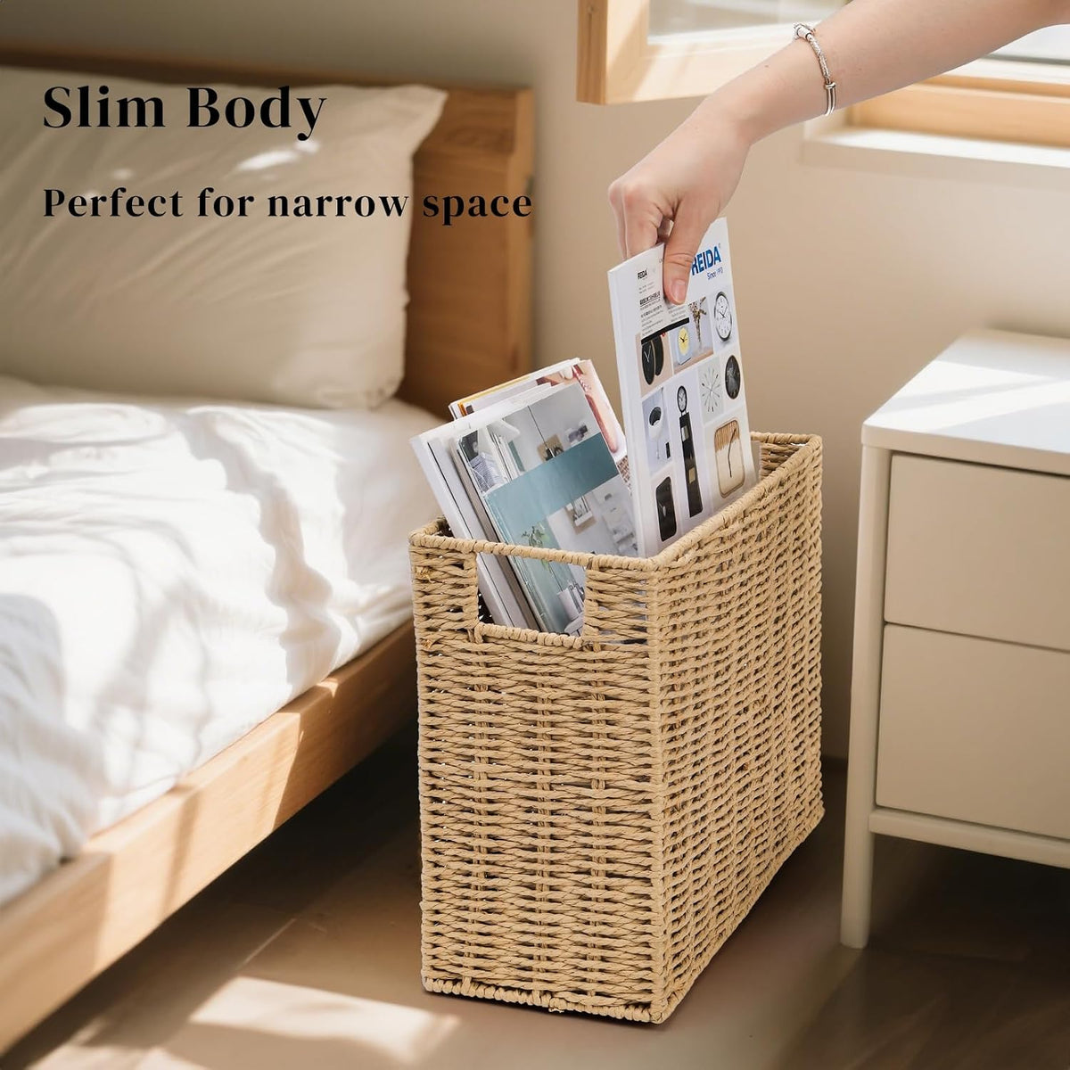 Woven Magazine Holder, Book Basket with Built-in Handles