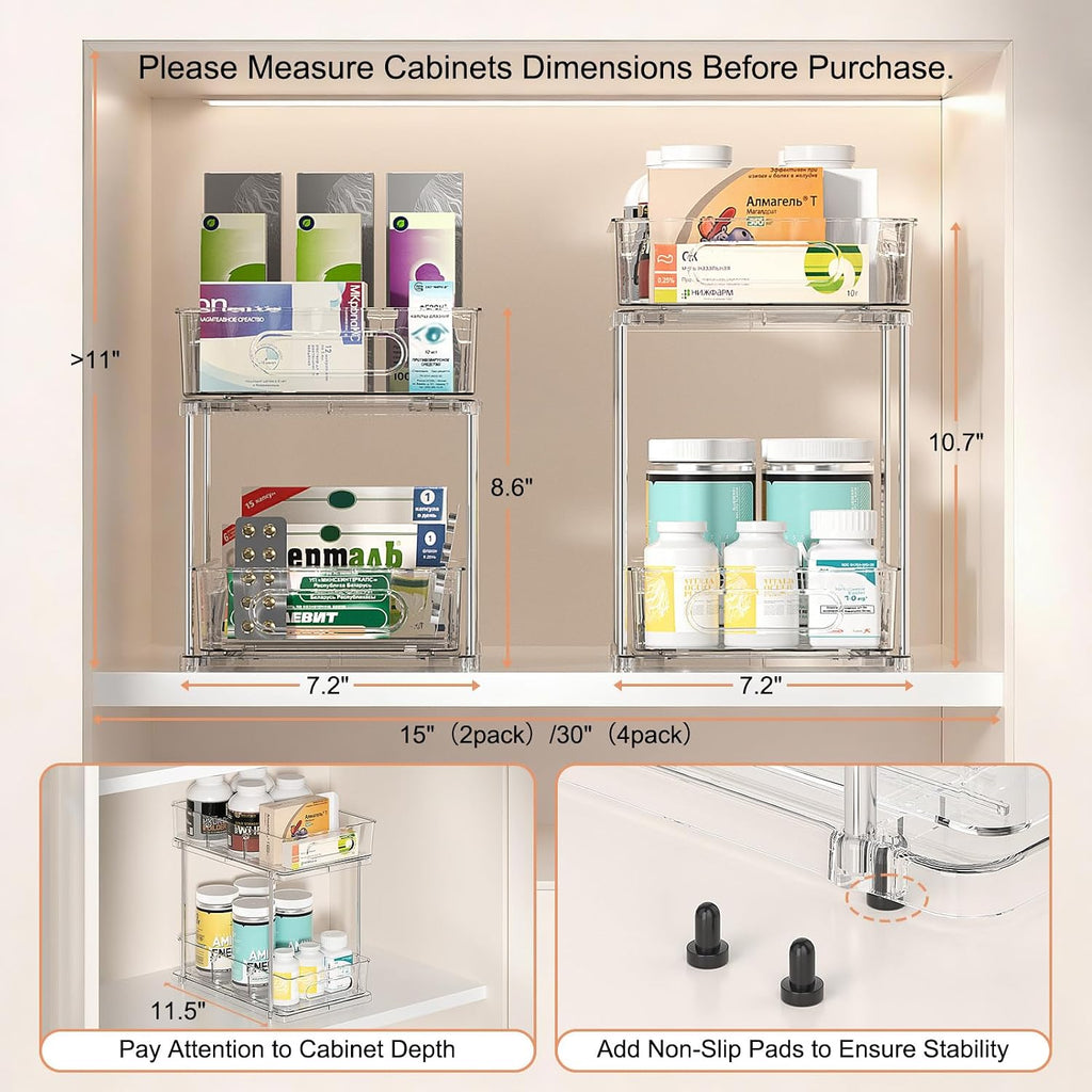Delamu 2 Tier Under Sink Organizer Bathroom, Bathroom Cabinet Organizer with Snap-Lock Design and Hooks, Pull Out Storage with Movable Dividers, for Countertop, Kitchen and Pantry (Clear, 4 Pack)