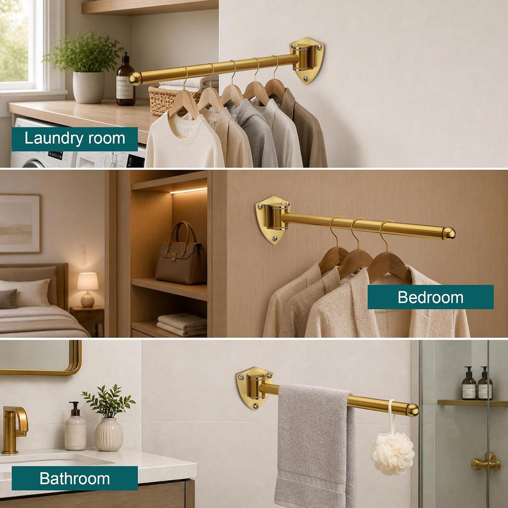 12" Wall Mounted Drying Rack, Foldable & Pull-Out Clothes Hanger, Brushed Gold