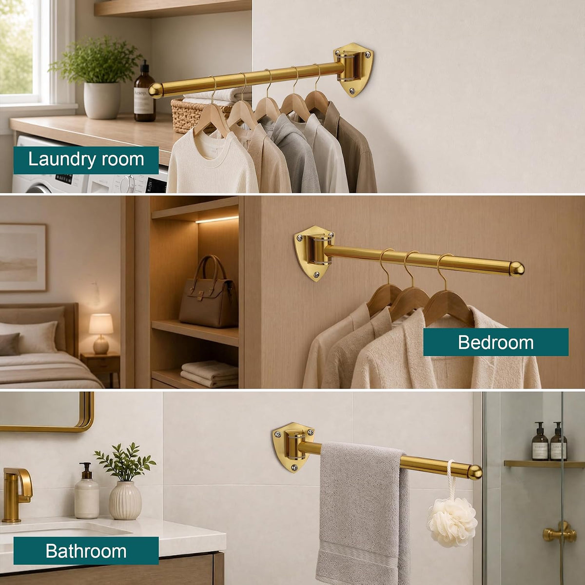 12" Wall Mounted Drying Rack, Foldable & Pull-Out Clothes Hanger, Brushed Gold