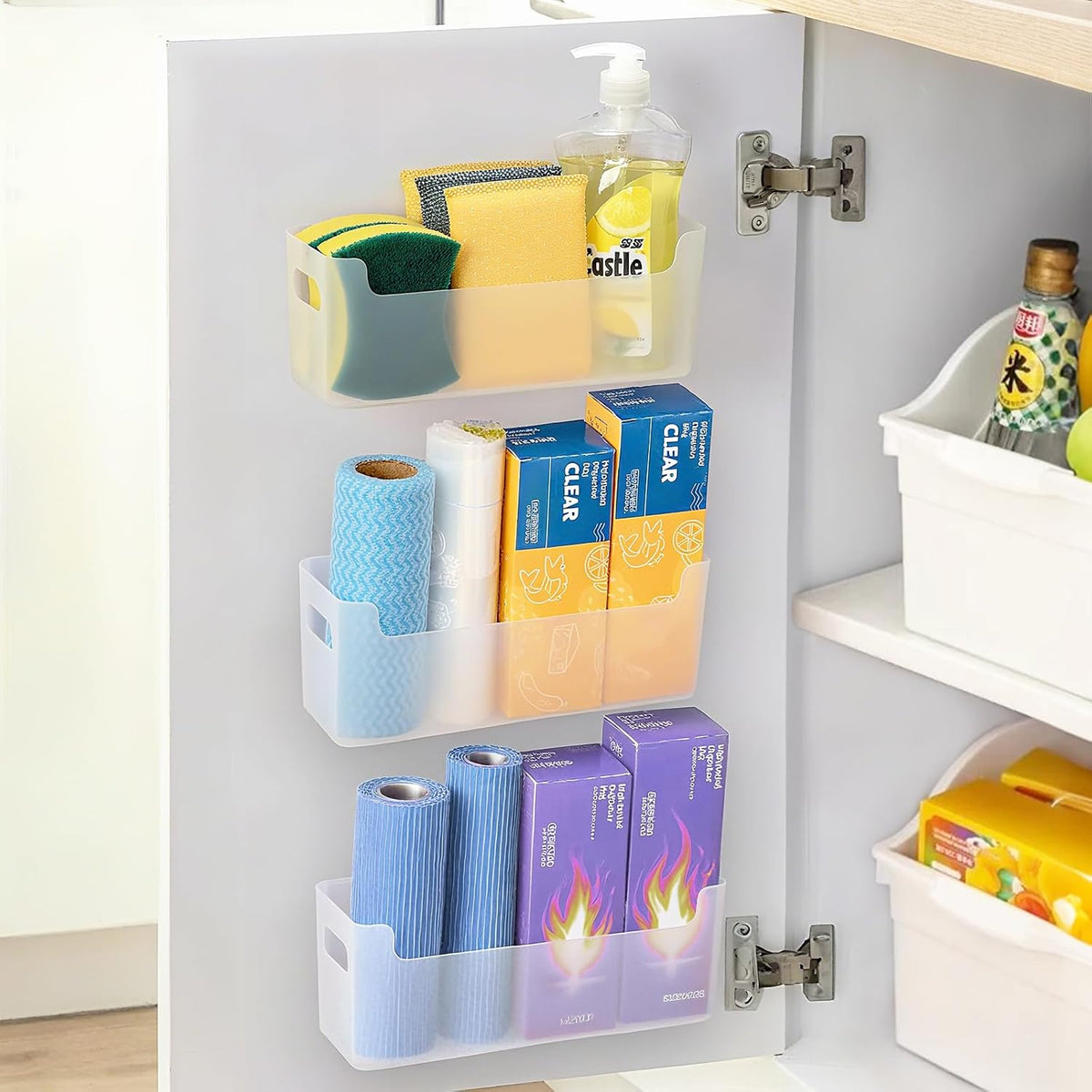 3 Pcs Kitchen Cabinet Door Organizer, Adhesive Mount Inside Cabinet Door Storage, Under Sink Storage Shelf for Kitchen,Bathroom,Office (Transparent)
