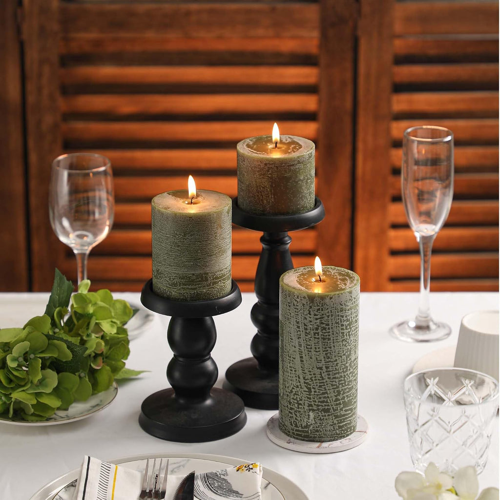3x3 Inch Moss Green Pillar Candles - Set of 3, Long Clean Burning, Smokeless Dripless Candles for Spring Home Decor, Dinner Table, Bathroom, Rustic Decor
