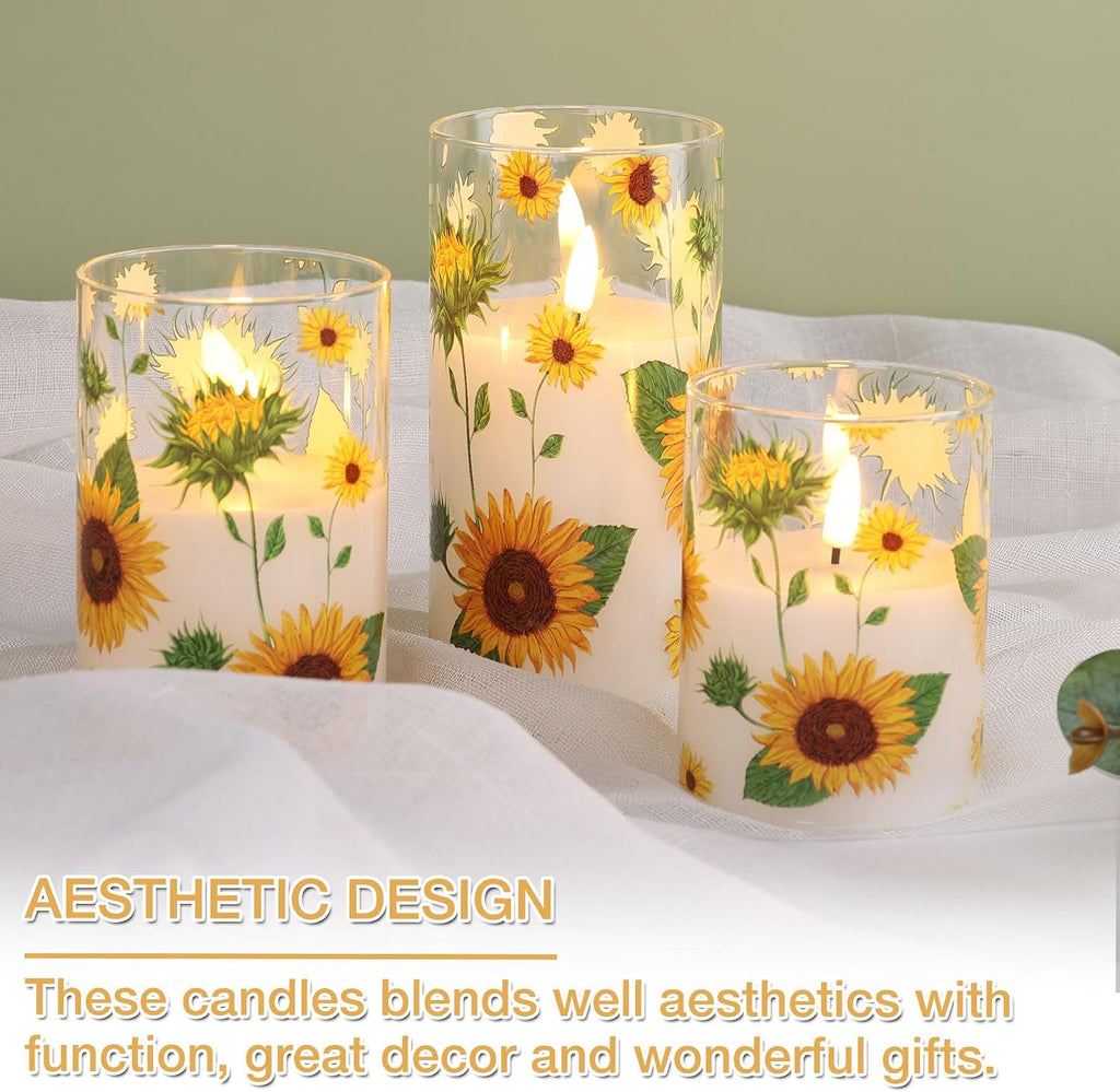 Sunflower Glass Flameless Pillar Candles with Remote Set of 3