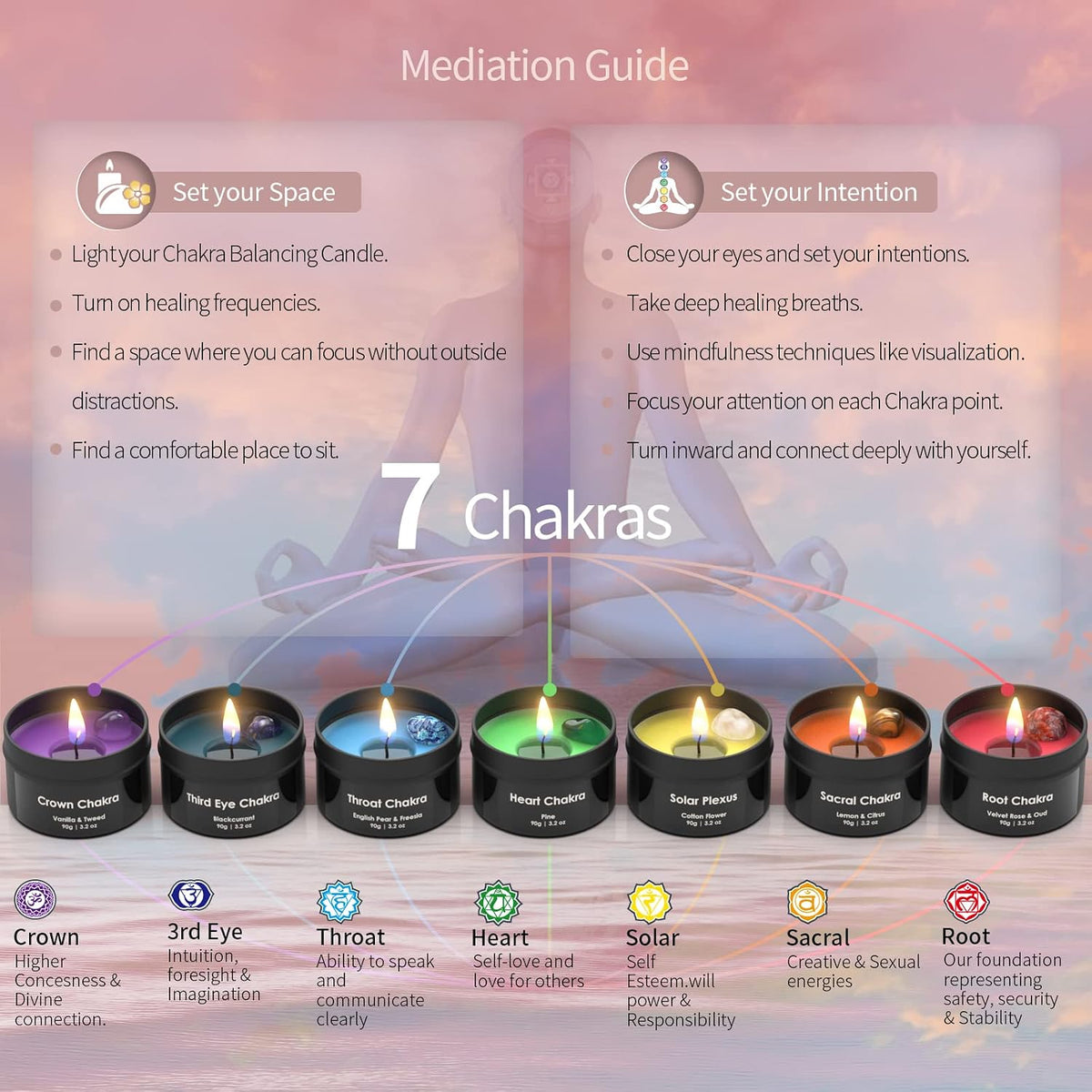 Inspireyes Chakra Candles with Healing Crystals for Meditation, Soy Wax