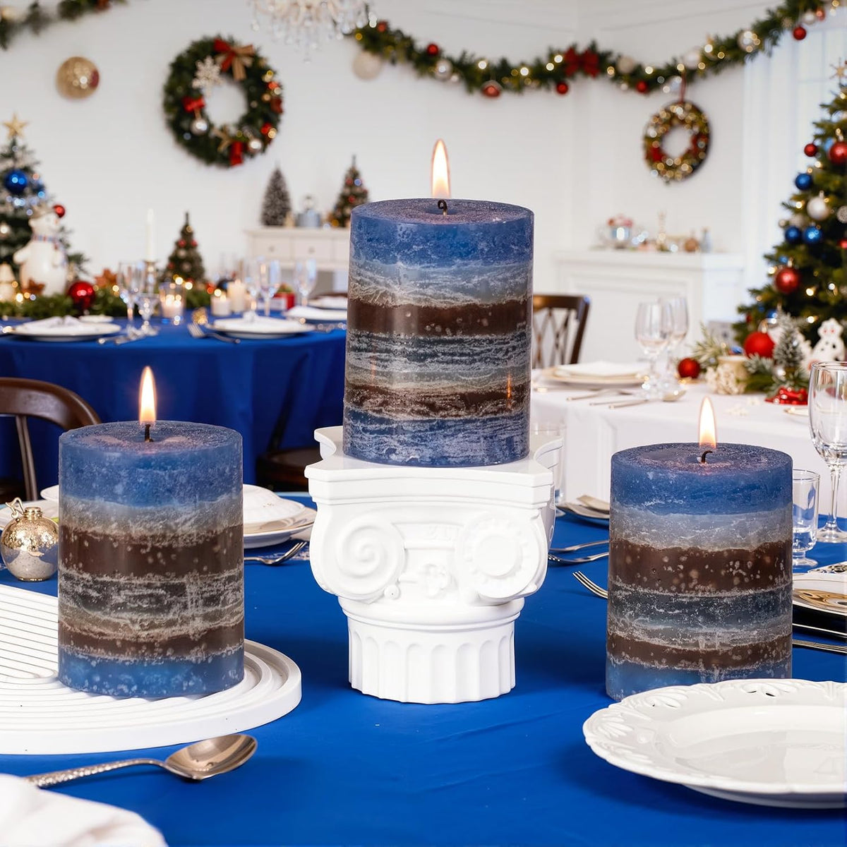 KONNI Layered Pillar Candles Set of 3, 3"x 4" Table Decor Blue Coffee
