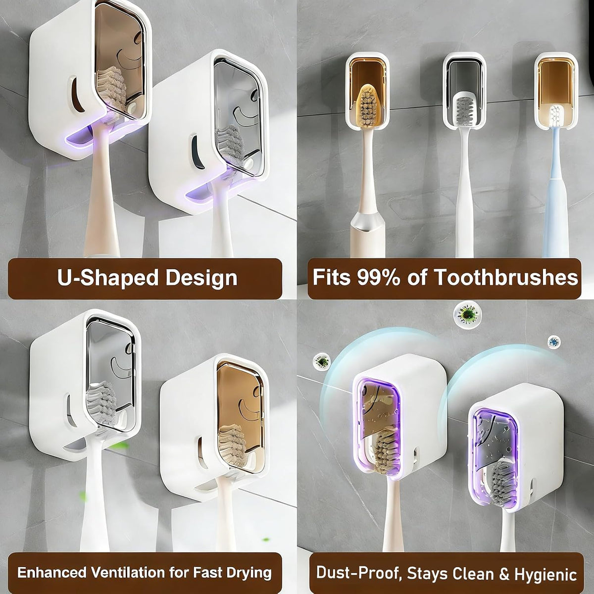 4pc Wall Mount Toothbrush Holder with Lid Self Adhesive No Drill