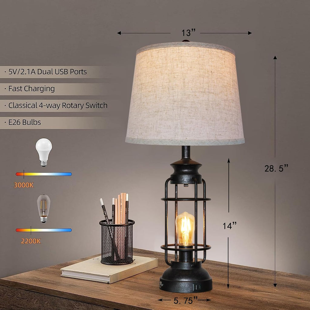 Table Lamps Set of 2 with USB Port 3 Way Dimmable Touch Lamps 28.5" Tall Rustic Industrial Living Room Lamps for Bedroom Bedside Office 4 Bulbs Included