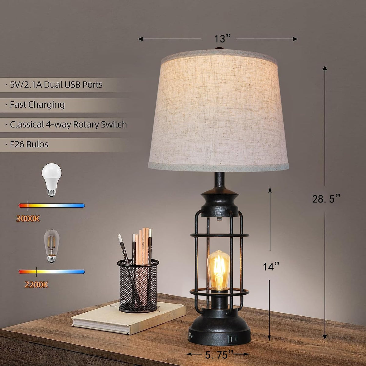 Table Lamps Set of 2 with USB Port 3 Way Dimmable Touch Lamps 28.5" Tall Rustic Industrial Living Room Lamps for Bedroom Bedside Office 4 Bulbs Included
