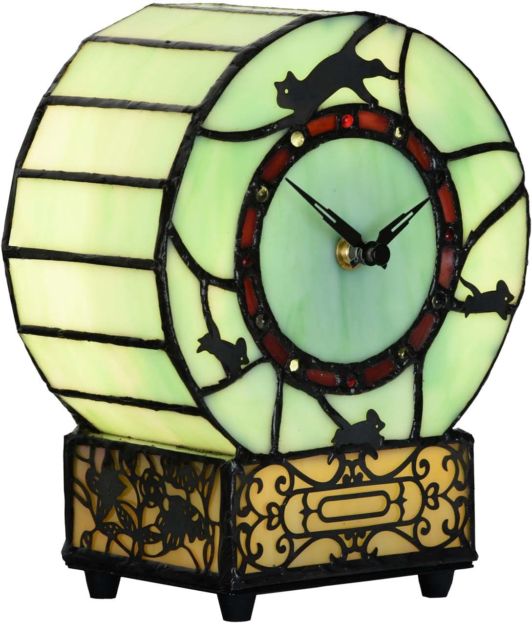 Bieye L10970 Cat and Mouse Tiffany Style Stained Glass Clock Lamp, Green