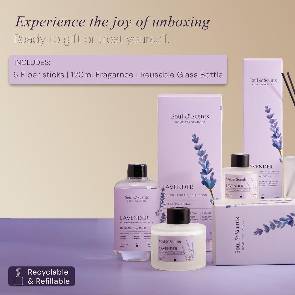 Soul & Scents Lavender Scented 4.06 oz (120ml) Reed Diffuser Set with 6 Fiber Sticks for Room Decor | Home Fragrance Reed Diffuser | Air Freshners for Home