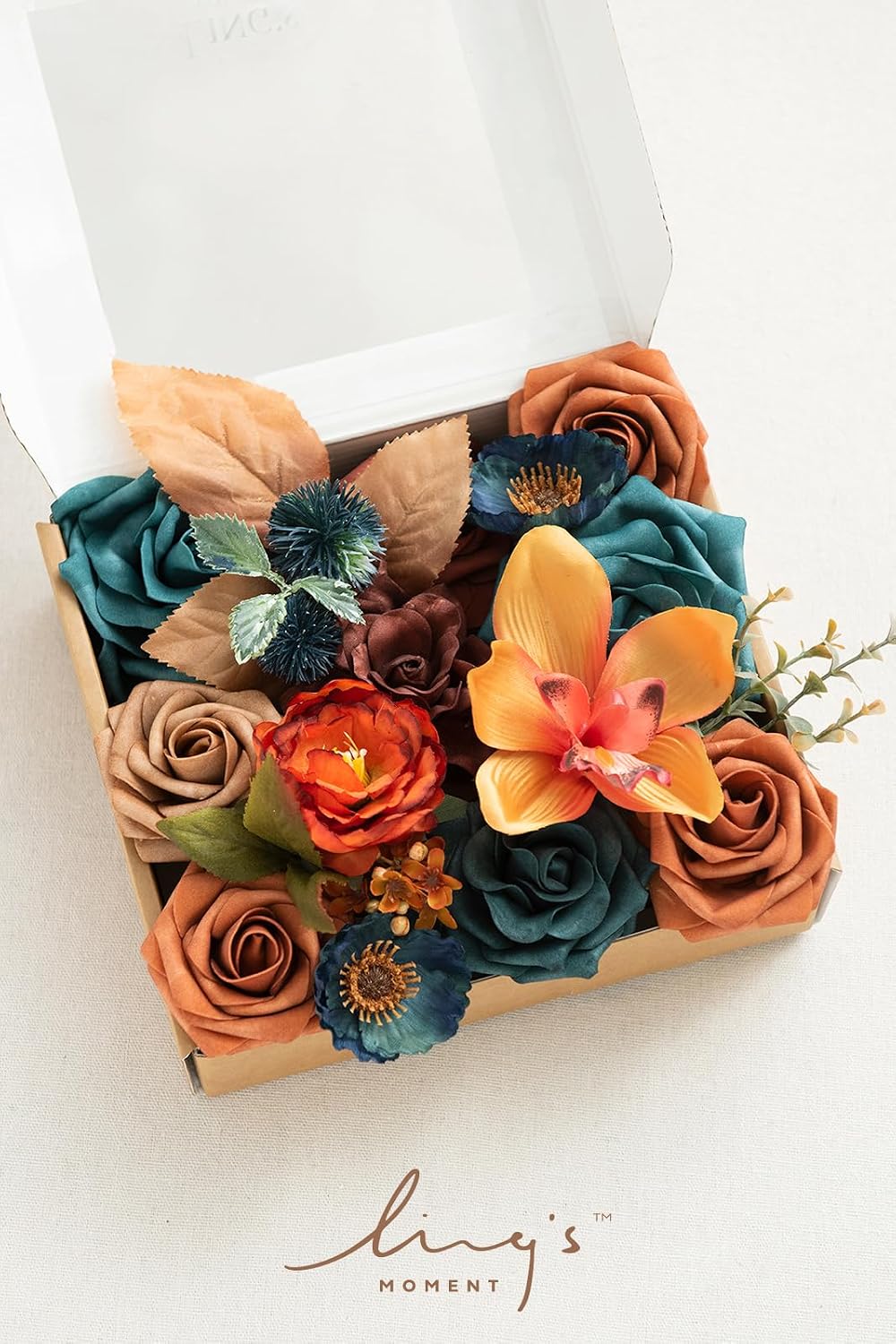 Ling's moment Fake Flowers Box, Teal & Burnt Orange, Mini Combo
