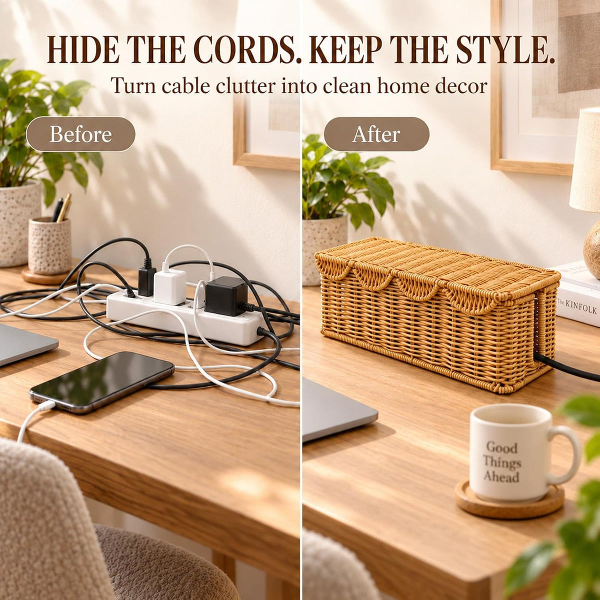 Rattan-Style Cable Management Box, Router Box Hider with 80 Accessories
