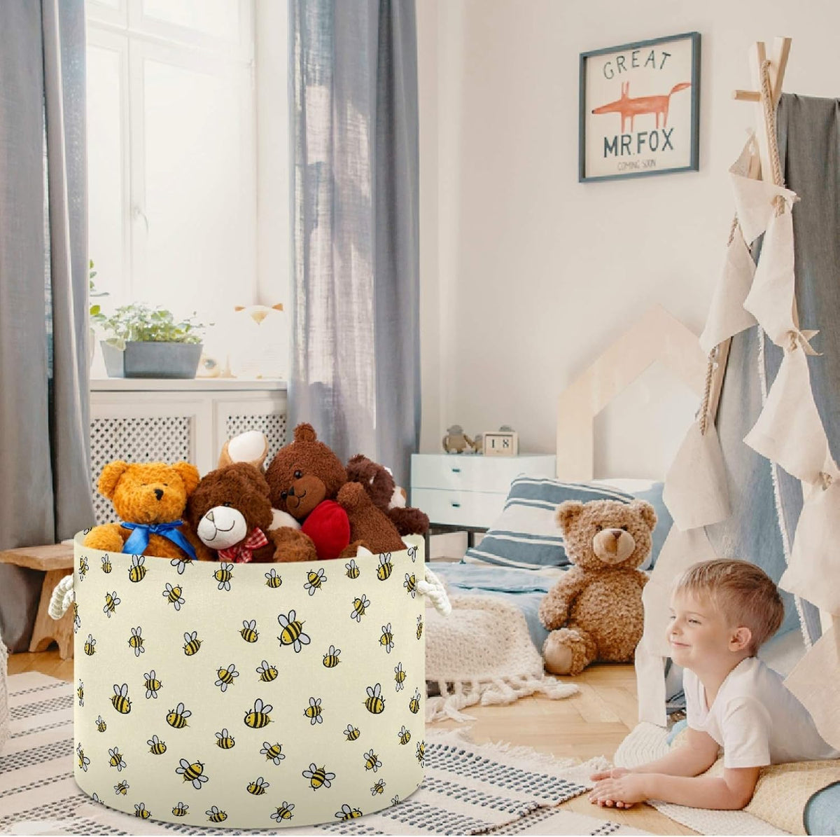 visesunny Cute Bee Pattern Laundry Baskets Fabric Storage Bin Storage Box Collapsible Storage Basket Toy Clothes Shelves Basket for Bathroom,Bedroom,Nursery,Closet,Office