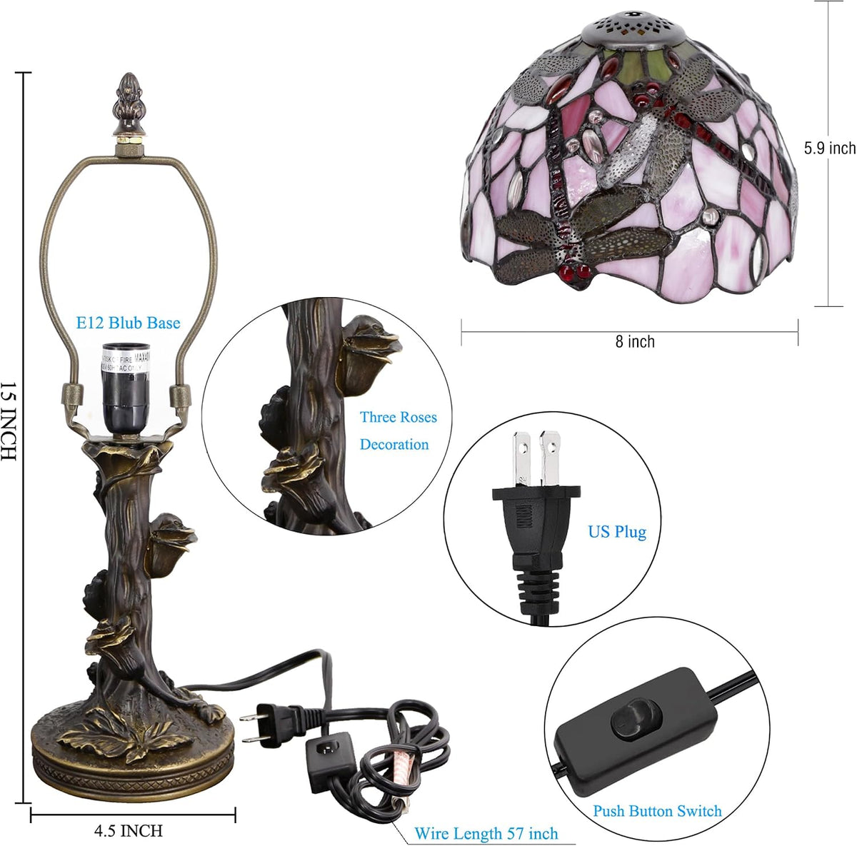 Small Tiffany Table Lamp Pink Dragonfly Style Stained Glass Desk Lamp