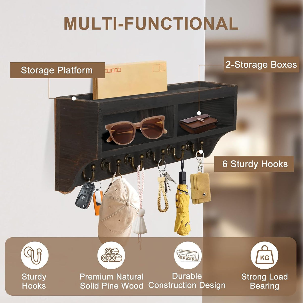 Key Holder Wall Mount with Mail Organizer, 6 Hooks & Shelf, Black